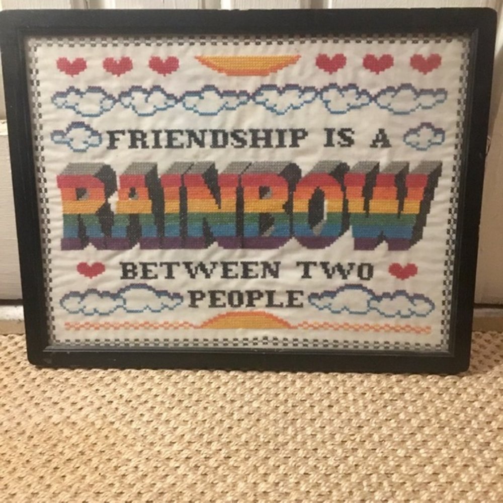 Cross Stitch Embroidery Completed Vintage 70s Framed Under Glass Colorful - Picture 3 of 4